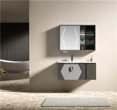 Vanidade do banheiro pendurada na parede com espelho